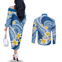 Plumeria Polynesian Blue Glitter Pattern Couples Matching Off The Shoulder Long Sleeve Dress and Long Sleeve Button Shirt