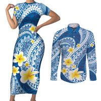 Plumeria Polynesian Blue Glitter Pattern Couples Matching Short Sleeve Bodycon Dress and Long Sleeve Button Shirt