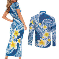 Plumeria Polynesian Blue Glitter Pattern Couples Matching Short Sleeve Bodycon Dress and Long Sleeve Button Shirt