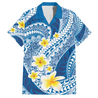 Plumeria Polynesian Blue Glitter Pattern Family Matching Off The Shoulder Long Sleeve Dress and Hawaiian Shirt