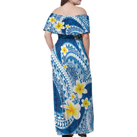 Plumeria Polynesian Blue Glitter Pattern Family Matching Off Shoulder Maxi Dress and Hawaiian Shirt