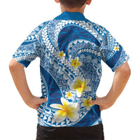Plumeria Polynesian Blue Glitter Pattern Family Matching Short Sleeve Bodycon Dress and Hawaiian Shirt