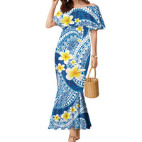 Plumeria Polynesian Blue Glitter Pattern Mermaid Dress