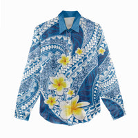 Plumeria Polynesian Blue Glitter Pattern Women Casual Shirt