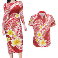 Plumeria Polynesian Coral Glitter Pattern Couples Matching Long Sleeve Bodycon Dress and Hawaiian Shirt