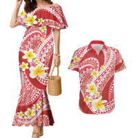 Plumeria Polynesian Coral Glitter Pattern Couples Matching Mermaid Dress and Hawaiian Shirt