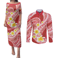 Plumeria Polynesian Coral Glitter Pattern Couples Matching Puletasi and Long Sleeve Button Shirt
