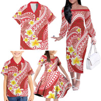 Plumeria Polynesian Coral Glitter Pattern Family Matching Off The Shoulder Long Sleeve Dress and Hawaiian Shirt