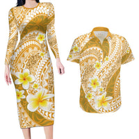 Plumeria Polynesian Gold Glitter Pattern Couples Matching Long Sleeve Bodycon Dress and Hawaiian Shirt