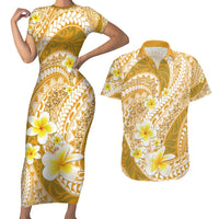 Plumeria Polynesian Gold Glitter Pattern Couples Matching Short Sleeve Bodycon Dress and Hawaiian Shirt