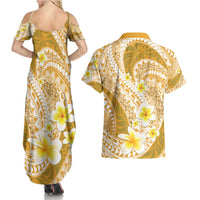 Plumeria Polynesian Gold Glitter Pattern Couples Matching Summer Maxi Dress and Hawaiian Shirt