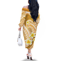Plumeria Polynesian Gold Glitter Pattern Family Matching Off The Shoulder Long Sleeve Dress and Hawaiian Shirt