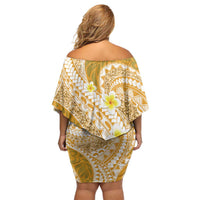 Plumeria Polynesian Gold Glitter Pattern Off Shoulder Short Dress