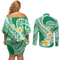 Plumeria Polynesian Green Glitter Pattern Couples Matching Off Shoulder Short Dress and Long Sleeve Button Shirt