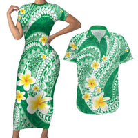 Plumeria Polynesian Green Glitter Pattern Couples Matching Short Sleeve Bodycon Dress and Hawaiian Shirt