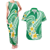 Plumeria Polynesian Green Glitter Pattern Couples Matching Tank Maxi Dress and Hawaiian Shirt