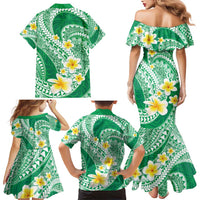 Plumeria Polynesian Green Glitter Pattern Family Matching Mermaid Dress and Hawaiian Shirt