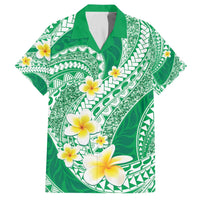 Plumeria Polynesian Green Glitter Pattern Family Matching Off The Shoulder Long Sleeve Dress and Hawaiian Shirt