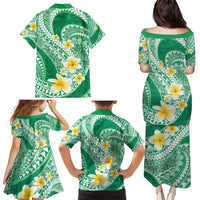 Plumeria Polynesian Green Glitter Pattern Family Matching Puletasi and Hawaiian Shirt