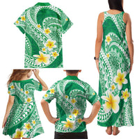 Plumeria Polynesian Green Glitter Pattern Family Matching Tank Maxi Dress and Hawaiian Shirt