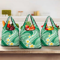 Plumeria Polynesian Green Glitter Pattern Grocery Bag
