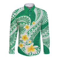 Plumeria Polynesian Green Glitter Pattern Long Sleeve Button Shirt