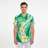 Plumeria Polynesian Green Glitter Pattern Scrub Top - Polynesian Pride