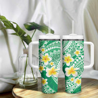 Plumeria Polynesian Green Glitter Pattern Tumbler With Handle