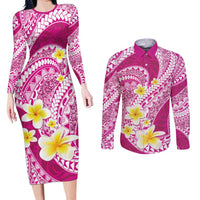 Plumeria Polynesian Pink Glitter Pattern Couples Matching Long Sleeve Bodycon Dress and Long Sleeve Button Shirt