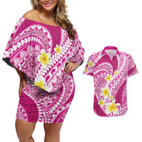 Plumeria Polynesian Pink Glitter Pattern Couples Matching Off Shoulder Short Dress and Hawaiian Shirt