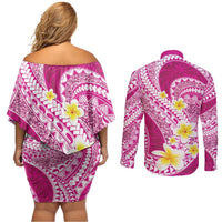 Plumeria Polynesian Pink Glitter Pattern Couples Matching Off Shoulder Short Dress and Long Sleeve Button Shirt
