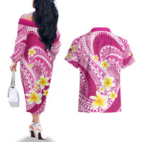 Plumeria Polynesian Pink Glitter Pattern Couples Matching Off The Shoulder Long Sleeve Dress and Hawaiian Shirt