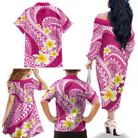 Plumeria Polynesian Pink Glitter Pattern Family Matching Off The Shoulder Long Sleeve Dress and Hawaiian Shirt