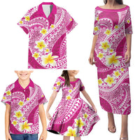 Plumeria Polynesian Pink Glitter Pattern Family Matching Puletasi and Hawaiian Shirt