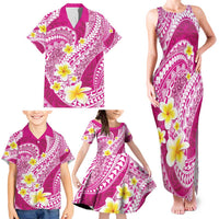 Plumeria Polynesian Pink Glitter Pattern Family Matching Tank Maxi Dress and Hawaiian Shirt