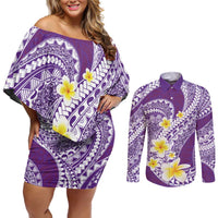 Plumeria Polynesian Purple Glitter Pattern Couples Matching Off Shoulder Short Dress and Long Sleeve Button Shirt