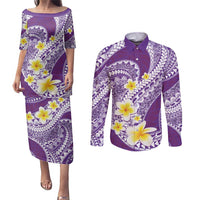 Plumeria Polynesian Purple Glitter Pattern Couples Matching Puletasi and Long Sleeve Button Shirt