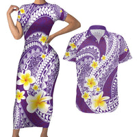 Plumeria Polynesian Purple Glitter Pattern Couples Matching Short Sleeve Bodycon Dress and Hawaiian Shirt