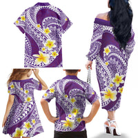 Plumeria Polynesian Purple Glitter Pattern Family Matching Off The Shoulder Long Sleeve Dress and Hawaiian Shirt