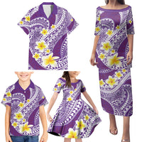 Plumeria Polynesian Purple Glitter Pattern Family Matching Puletasi and Hawaiian Shirt