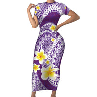 Plumeria Polynesian Purple Glitter Pattern Family Matching Short Sleeve Bodycon Dress and Hawaiian Shirt