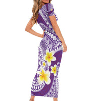 Plumeria Polynesian Purple Glitter Pattern Family Matching Short Sleeve Bodycon Dress and Hawaiian Shirt