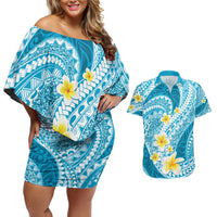 Plumeria Polynesian Sky Blue Glitter Pattern Couples Matching Off Shoulder Short Dress and Hawaiian Shirt