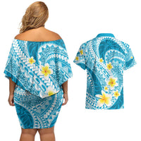 Plumeria Polynesian Sky Blue Glitter Pattern Couples Matching Off Shoulder Short Dress and Hawaiian Shirt