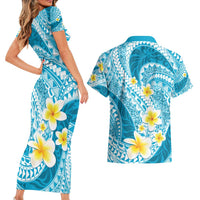 Plumeria Polynesian Sky Blue Glitter Pattern Couples Matching Short Sleeve Bodycon Dress and Hawaiian Shirt