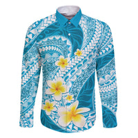 Plumeria Polynesian Sky Blue Glitter Pattern Family Matching Off The Shoulder Long Sleeve Dress and Hawaiian Shirt