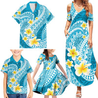 Plumeria Polynesian Sky Blue Glitter Pattern Family Matching Summer Maxi Dress and Hawaiian Shirt