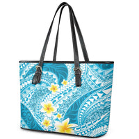 Plumeria Polynesian Sky Blue Glitter Pattern Leather Tote Bag