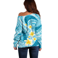 Plumeria Polynesian Sky Blue Glitter Pattern Off Shoulder Sweater