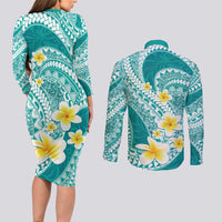 Plumeria Polynesian Teal Glitter Pattern Couples Matching Long Sleeve Bodycon Dress and Long Sleeve Button Shirt